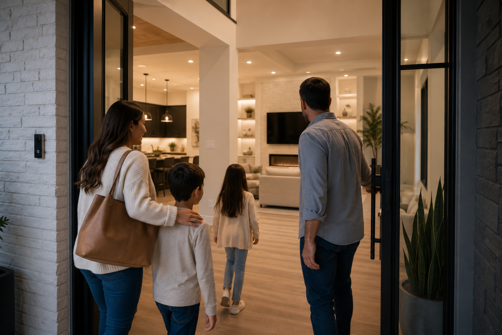 Family entering beautiful modern move in ready smart home