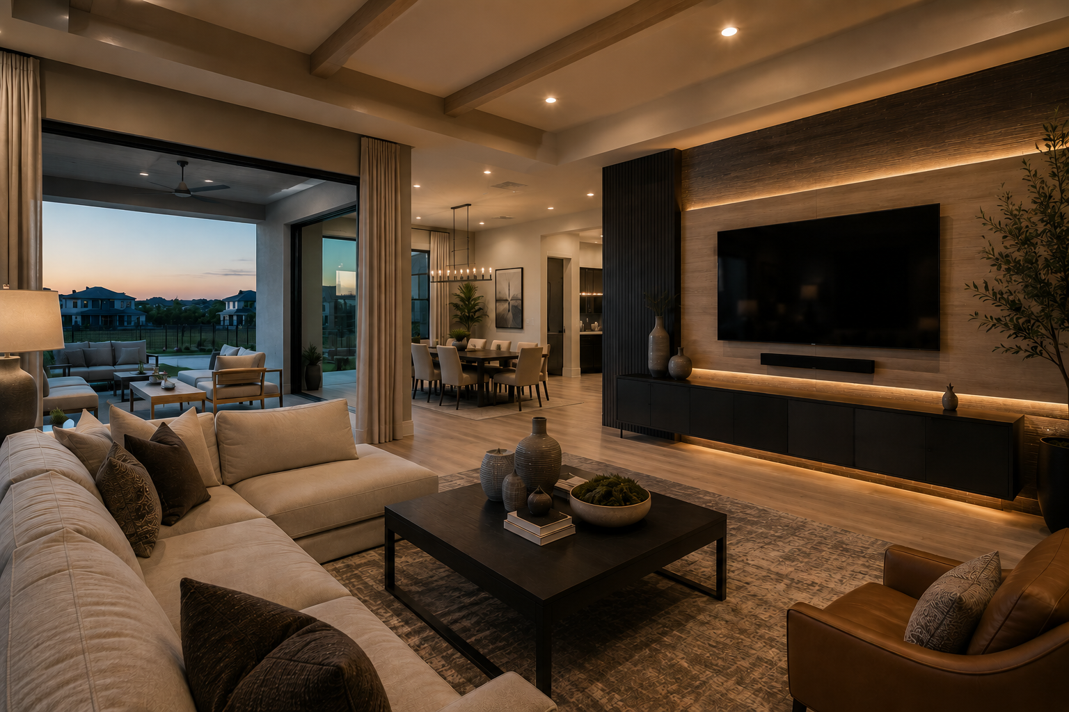 Wall mounted TV and accent lighting in Smart Home living room