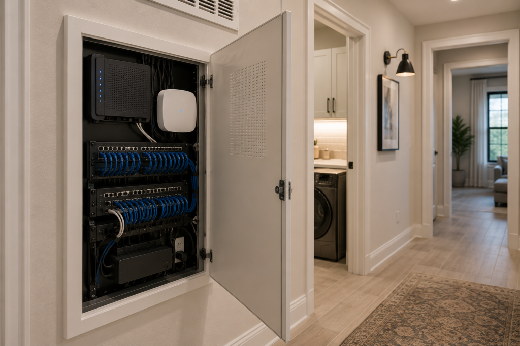 Structured wiring and low voltage cabinet in hallway wall