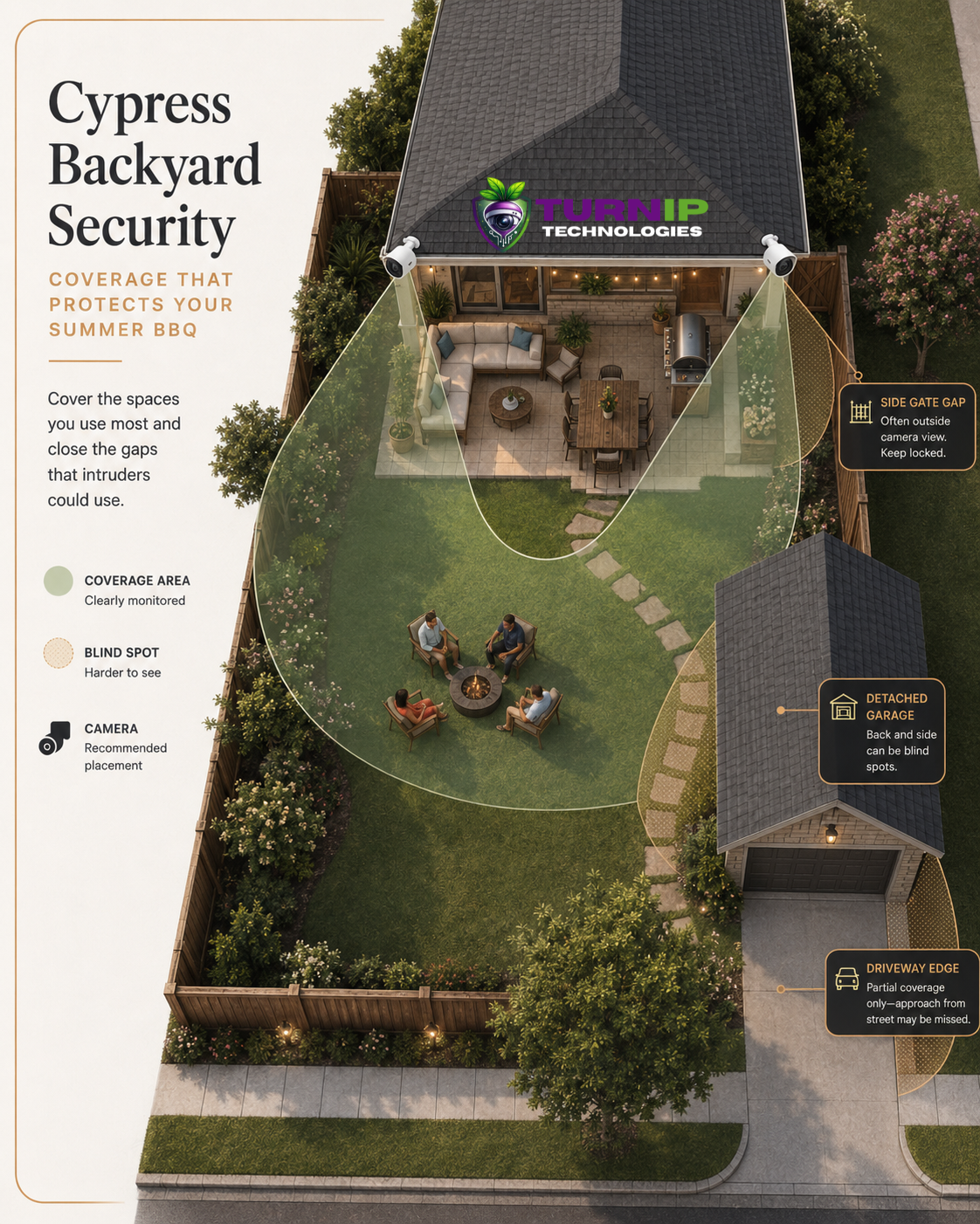 Educational graphic explaining security camera installation planning in Cypress.