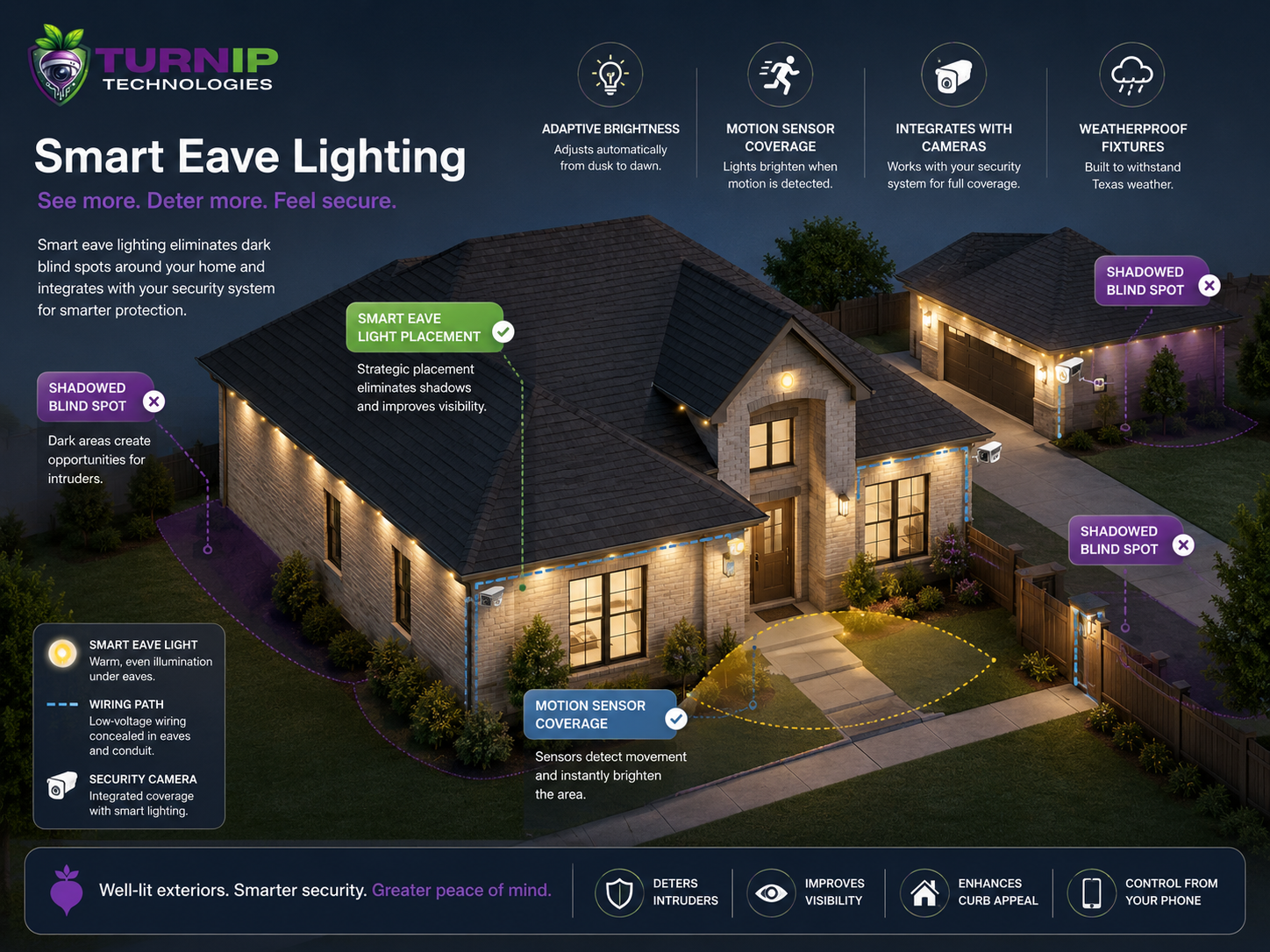 Diagram showing Could Smart Eave Lighting Solve This Common Sugar Land Home Security Blind Spot?