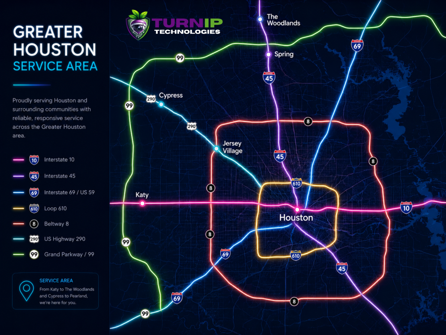 Map of Houston including Cypress Katy Jersey Village Spring The Woodlands Turnip Technologies