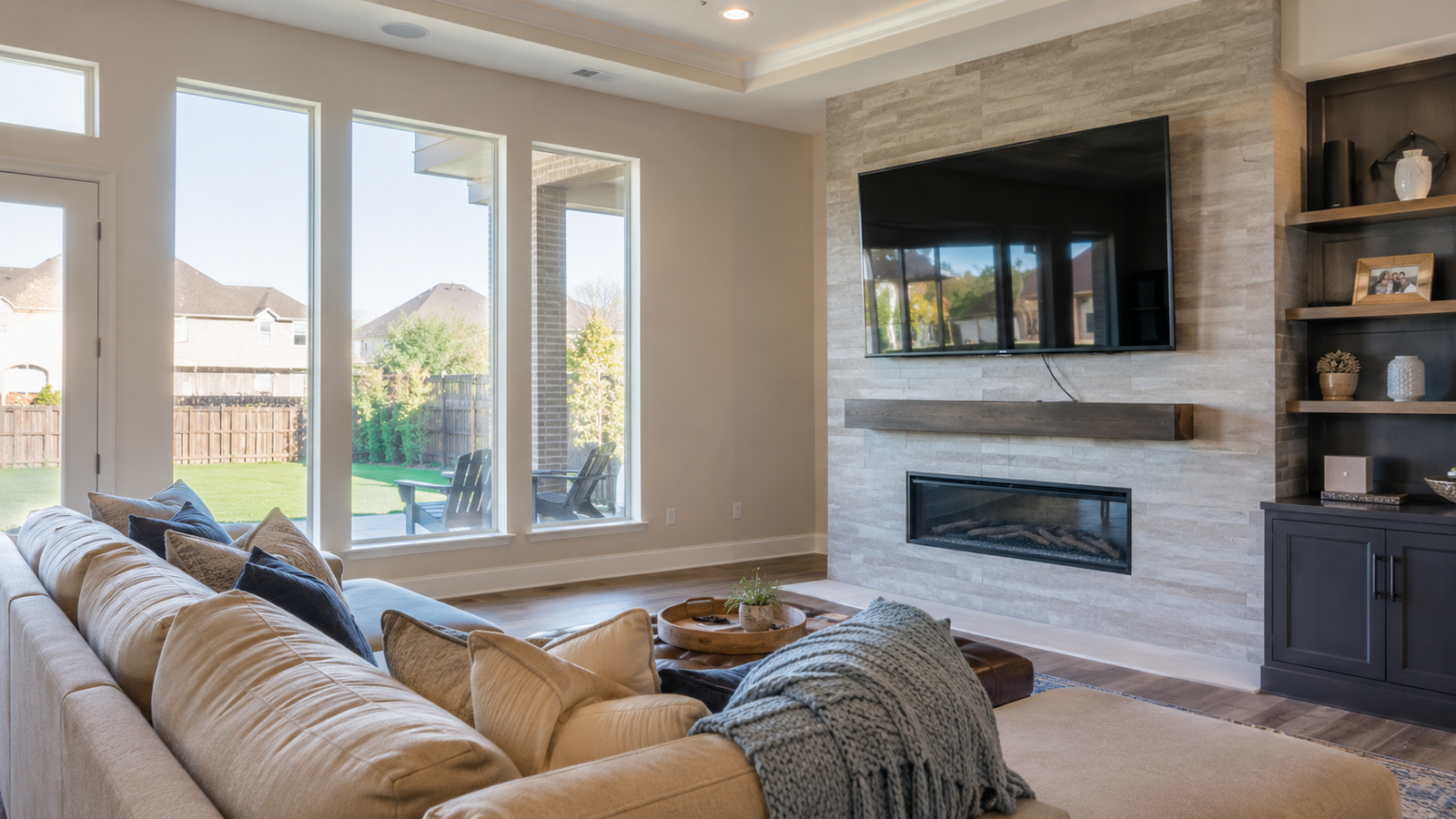 Wall-mounted TV above a fireplace or accent wall in a remodeled Katy living room with mild window glare, hidden cable routing, and viewing-height concerns.