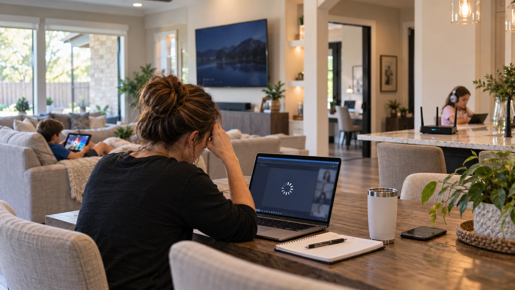A modern suburban living room or open-concept family room in Cypress, Texas, with a parent working on a laptop at a dining table.
